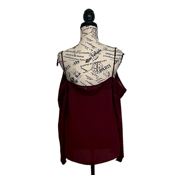 Express Burgundy Lace Trim Cold Shoulder Cami Top Blouse L Chiffon Romantic Goth - Picture 5 of 11